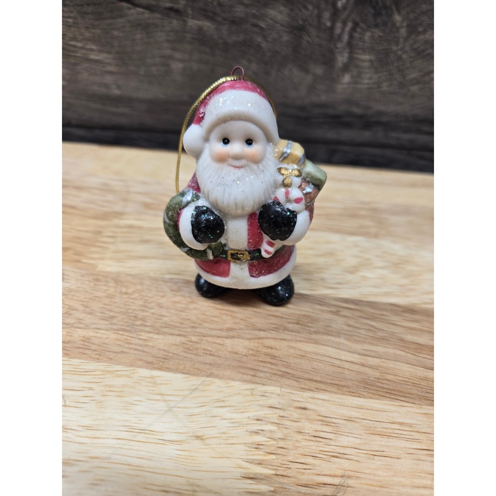 Porcelain Santa Claus Christmas Ornament Glitter Wreath Gift Sack Red White